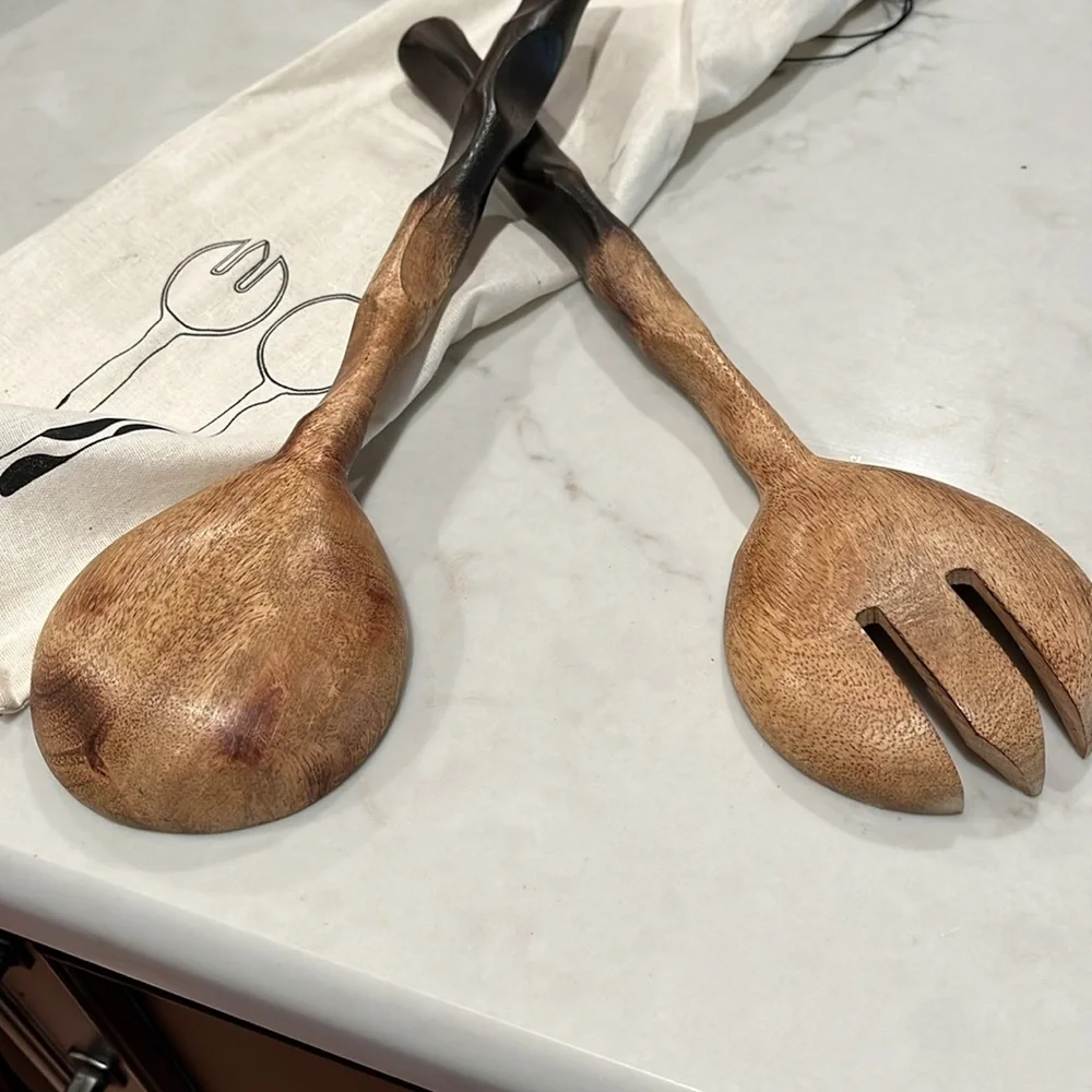Natural & Espresso Mango Wood Salad Server Set with Drawstring Bag/NWT